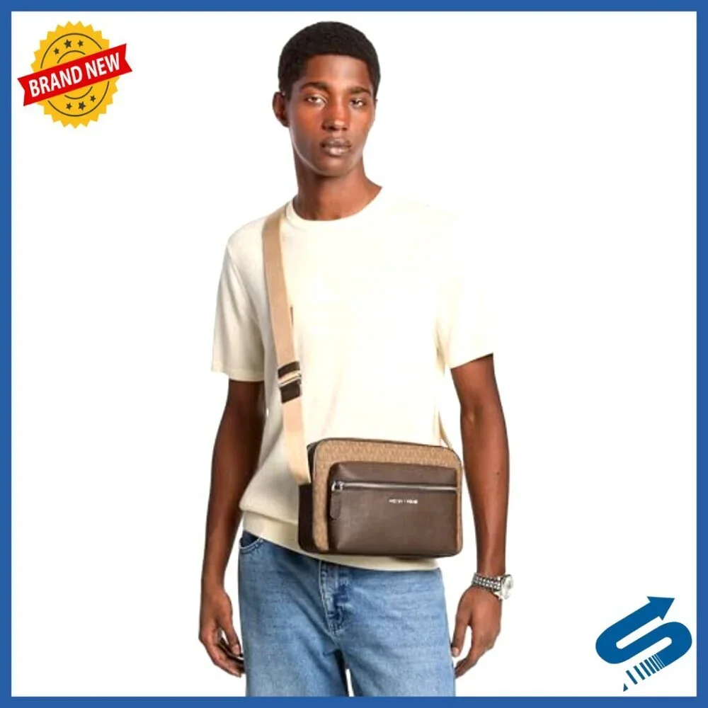 Men's Crossbody Messenger Bag, Logo Canvas, Front Zip Pocket, Travel Essential